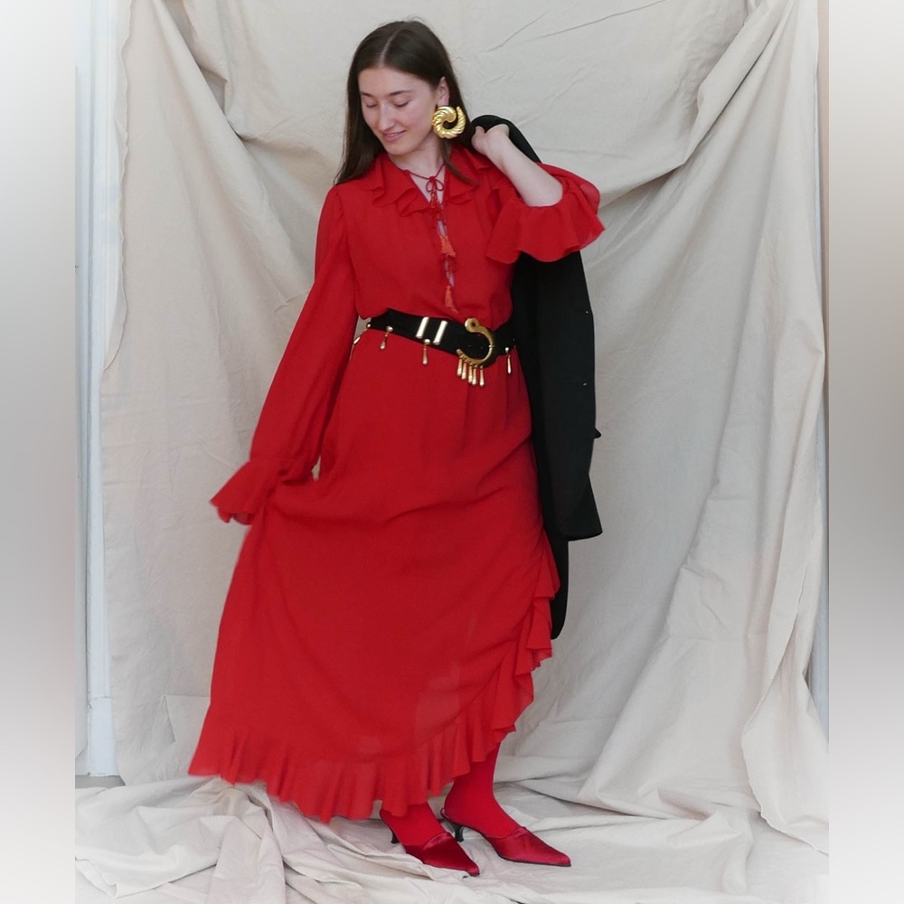 Vintage Sheer Red Ruffle Maxi Dress | Romantic 70s Style | Boho Evening Gown